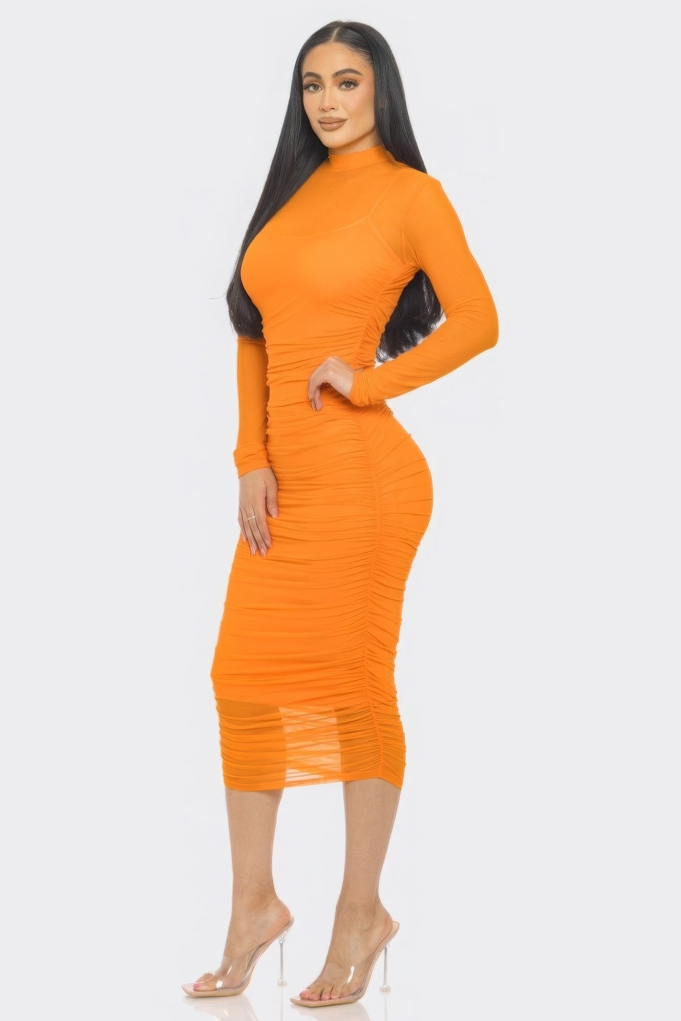 Solid Mesh Ruched Midi Dress - Flip Flop Dynasty