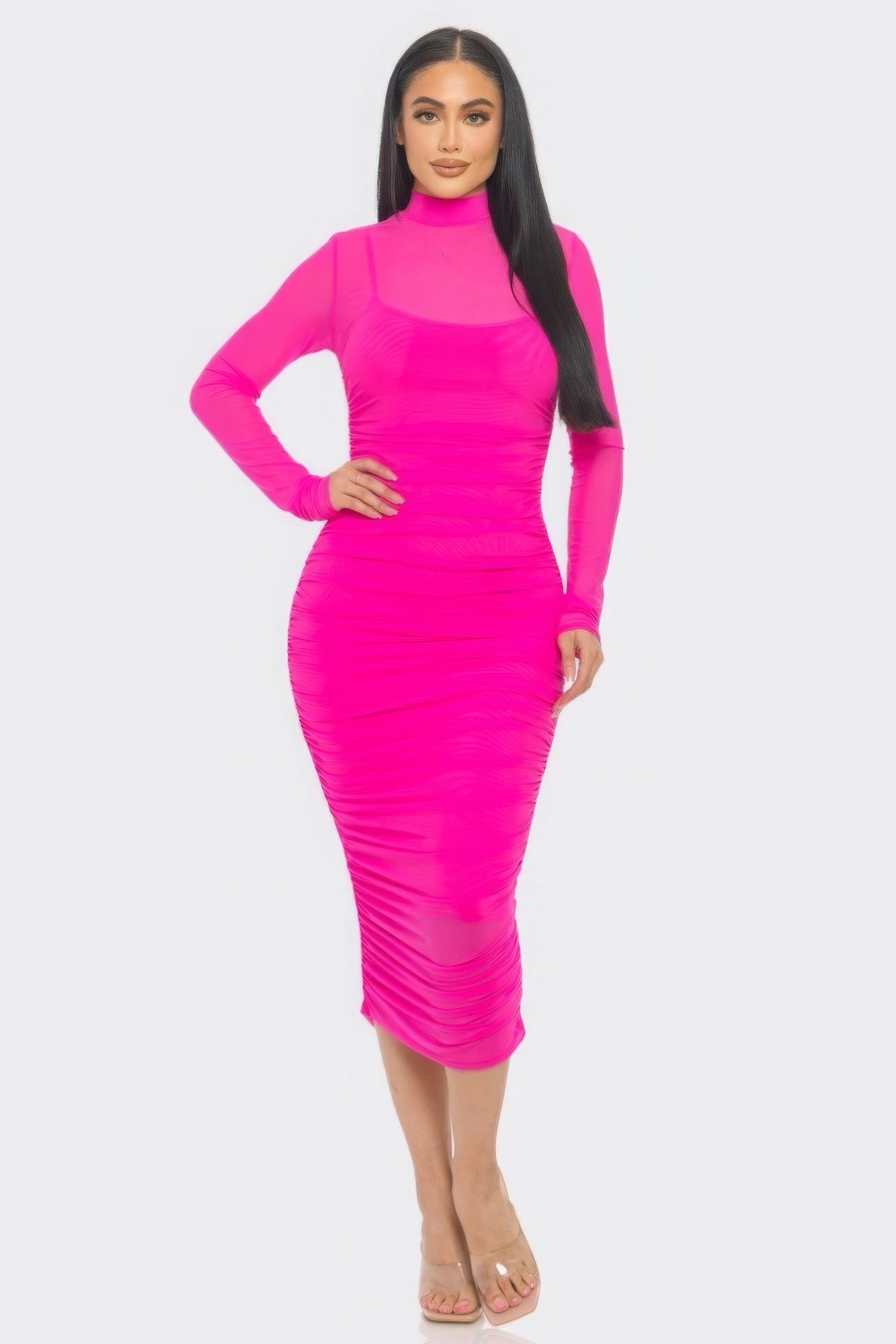 Solid Mesh Ruched Midi Dress - Flip Flop Dynasty