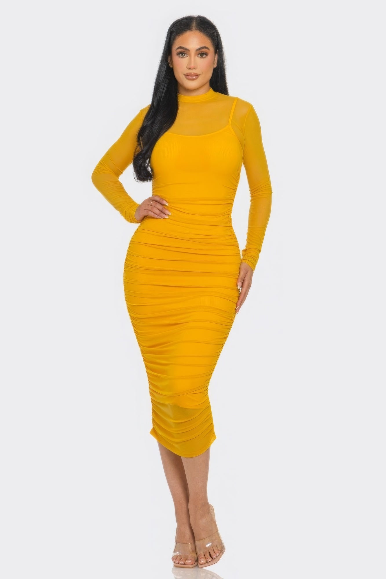 Solid Mesh Ruched Midi Dress - Flip Flop Dynasty