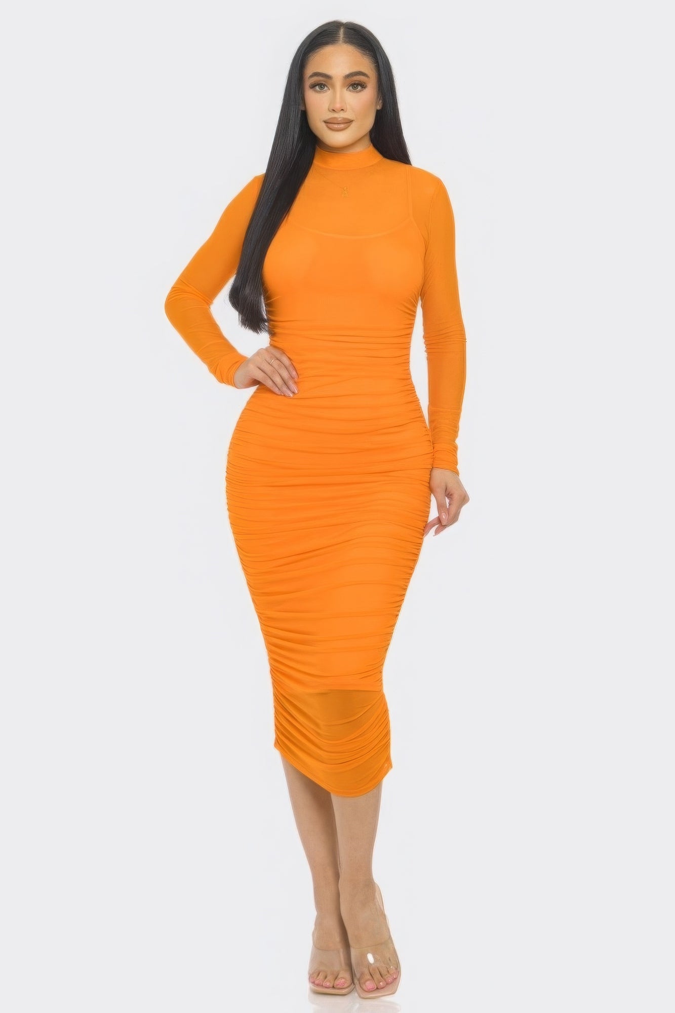 Solid Mesh Ruched Midi Dress - Flip Flop Dynasty
