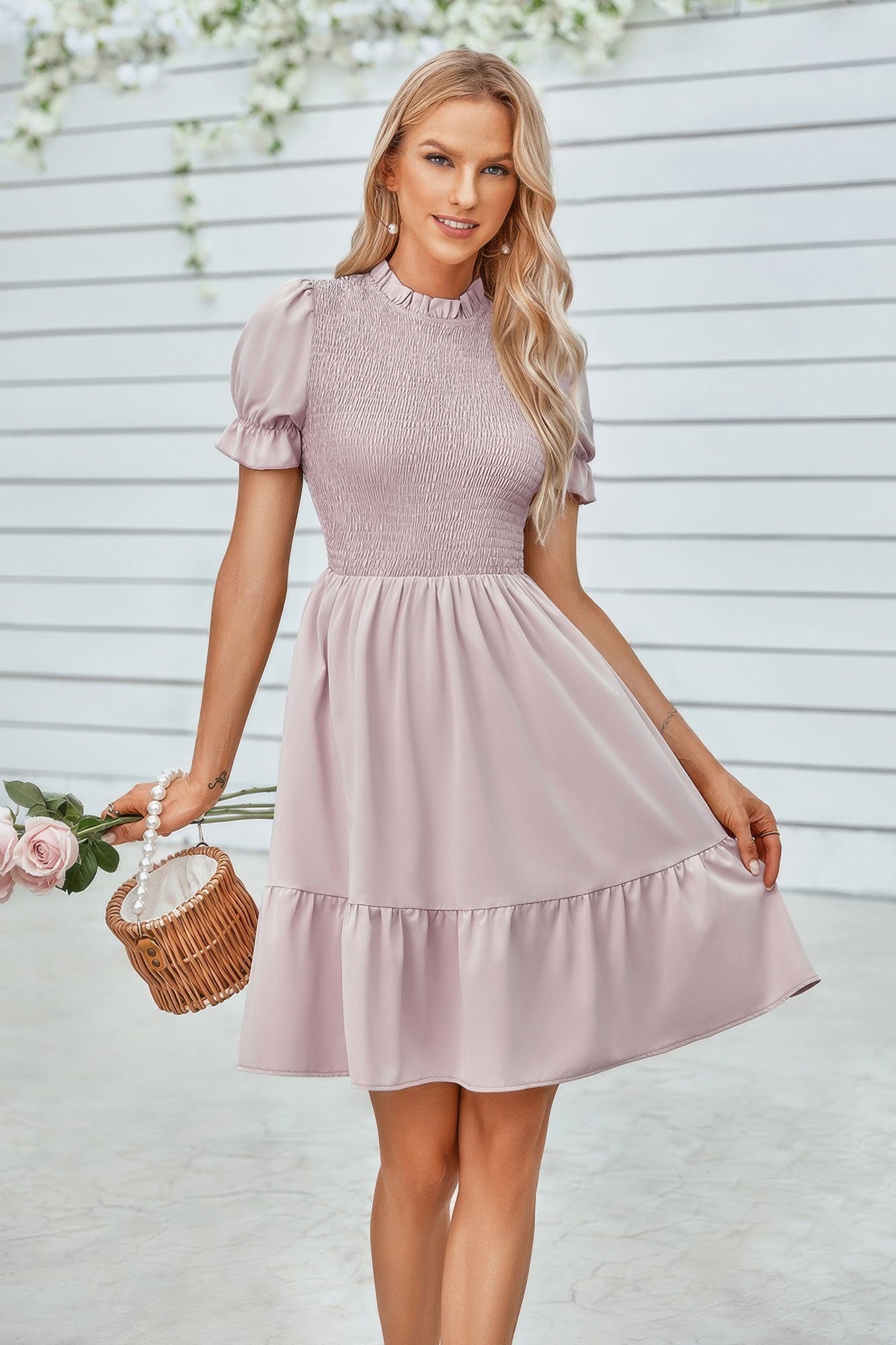 Solid Puff Sleeve Shirred Detail Ruffle Hem Dress - Flip Flop Dynasty
