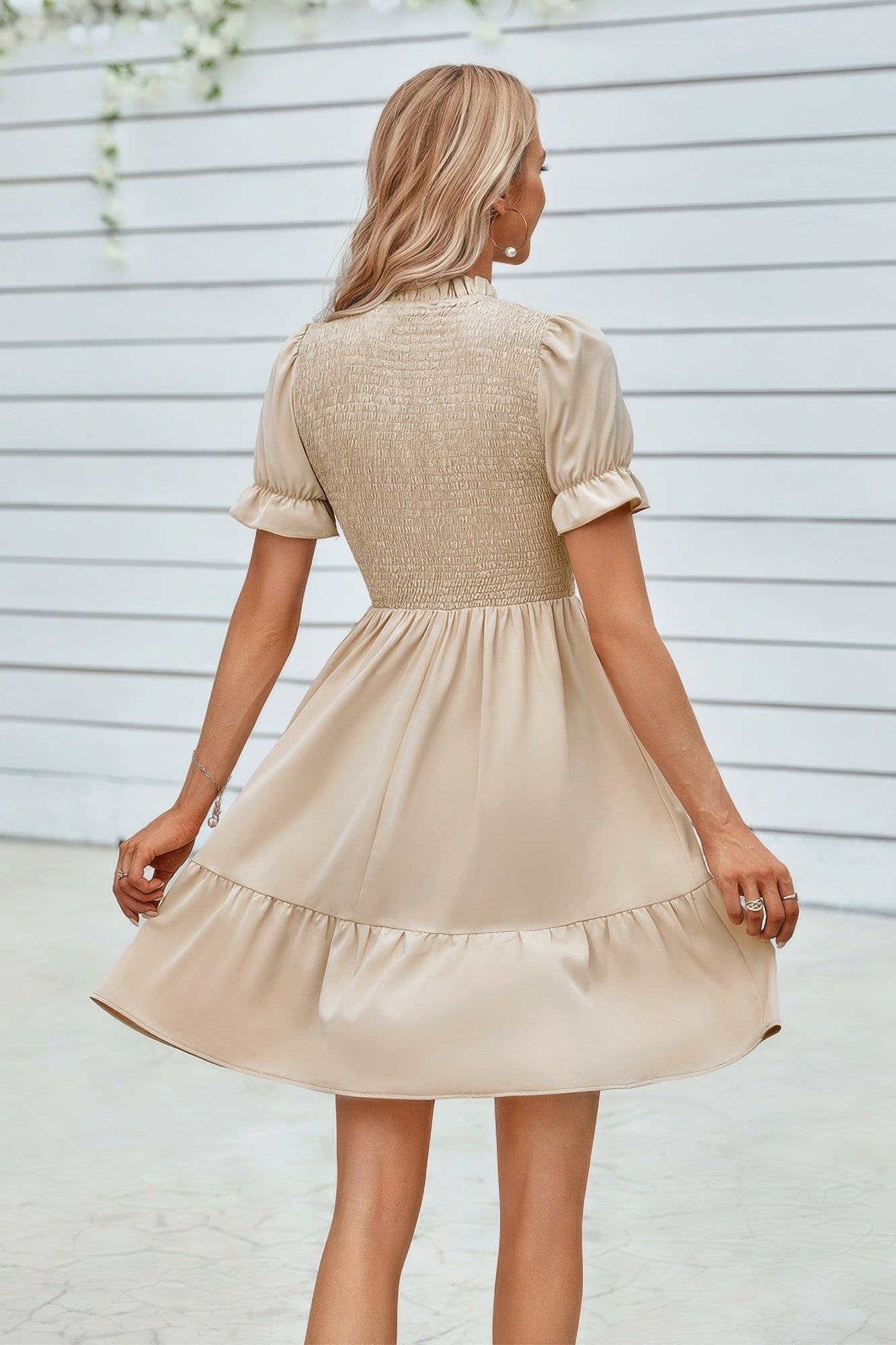 Solid Puff Sleeve Shirred Detail Ruffle Hem Dress - Flip Flop Dynasty