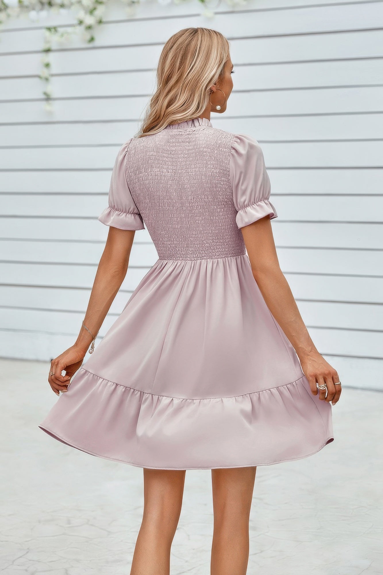 Solid Puff Sleeve Shirred Detail Ruffle Hem Dress - Flip Flop Dynasty