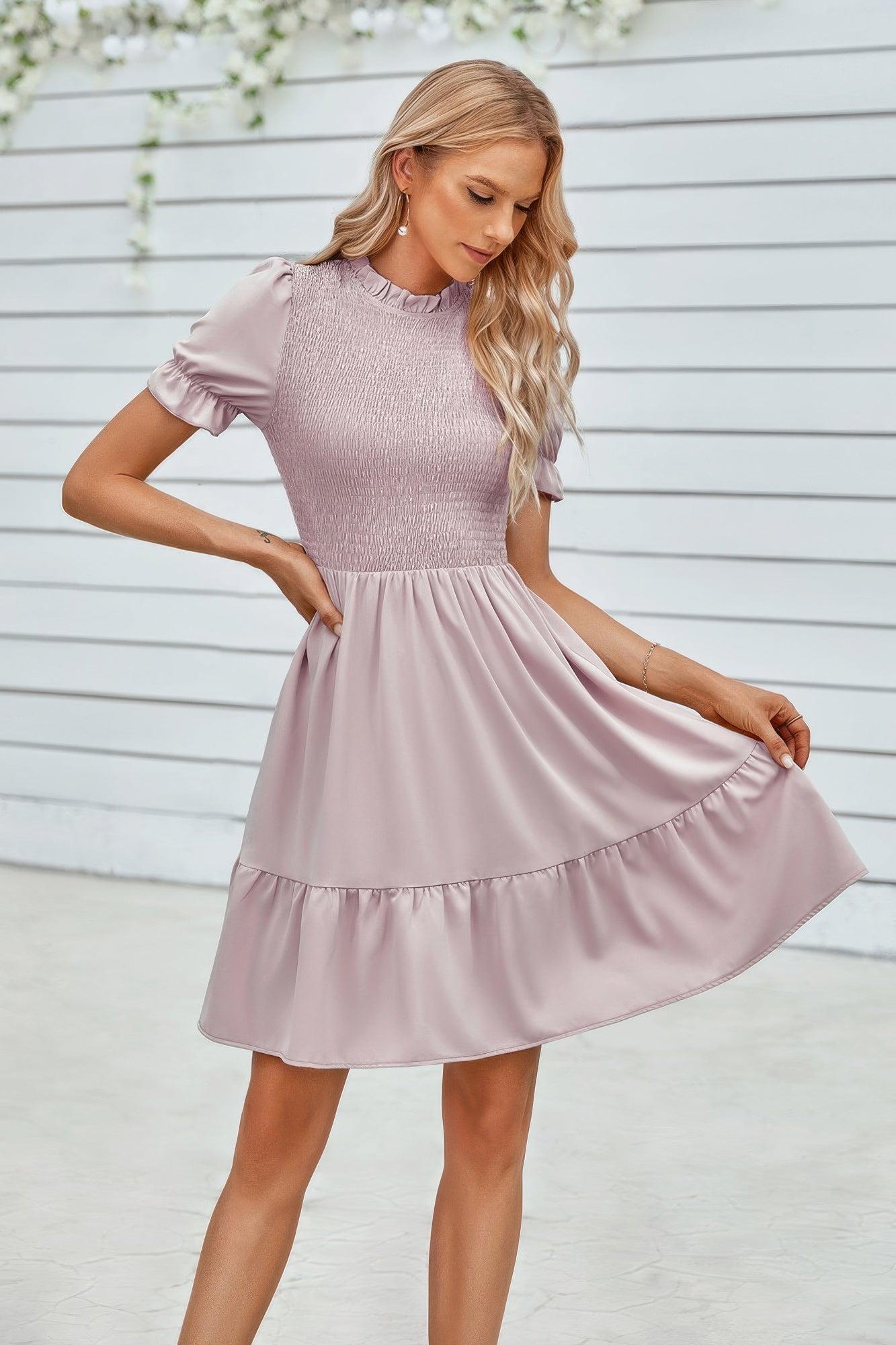 Solid Puff Sleeve Shirred Detail Ruffle Hem Dress - Flip Flop Dynasty