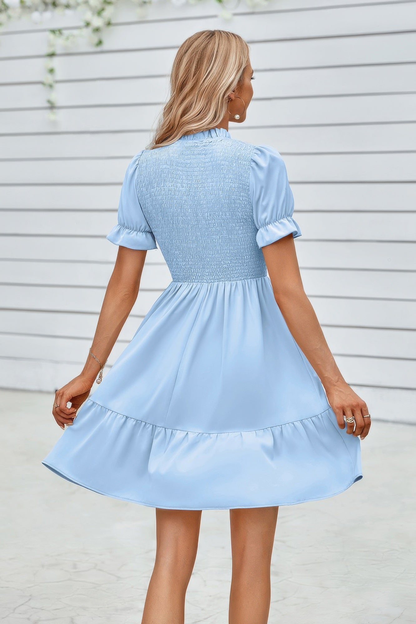 Solid Puff Sleeve Shirred Detail Ruffle Hem Dress - Flip Flop Dynasty