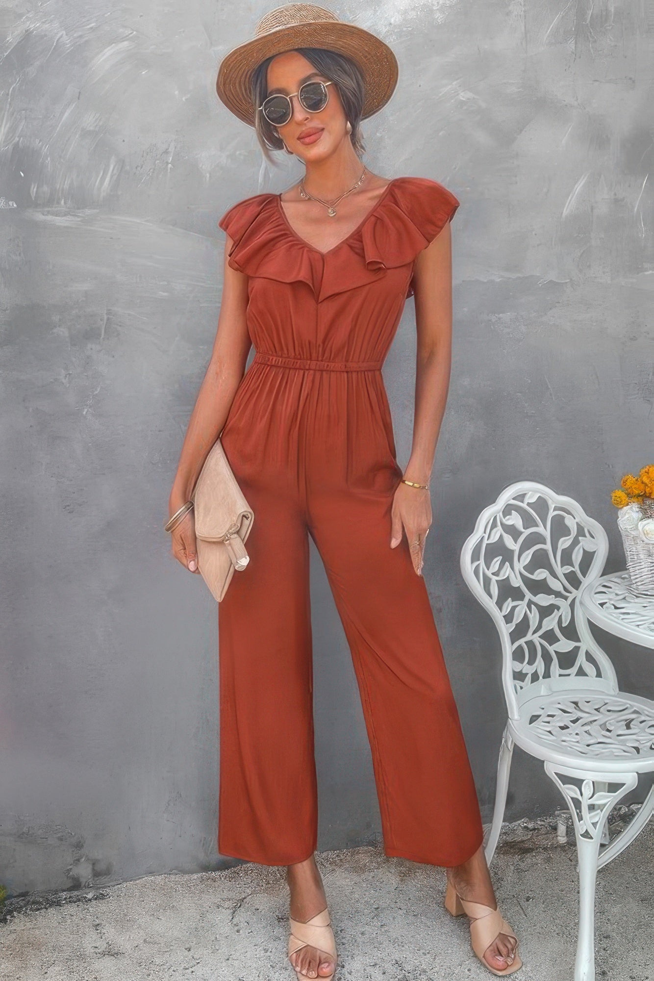 Solid Ruffle Trim V Neck Fit Jumpsuit - Flip Flop Dynasty