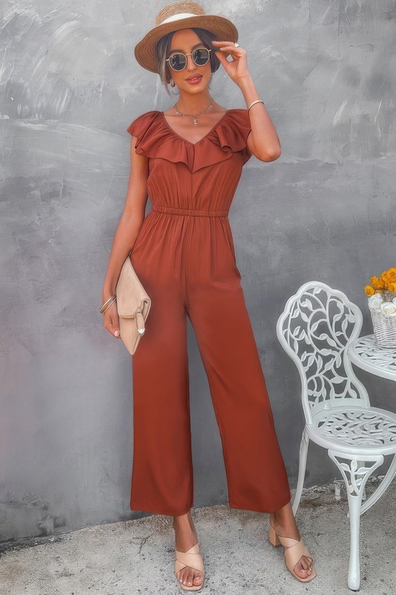 Solid Ruffle Trim V Neck Fit Jumpsuit - Flip Flop Dynasty