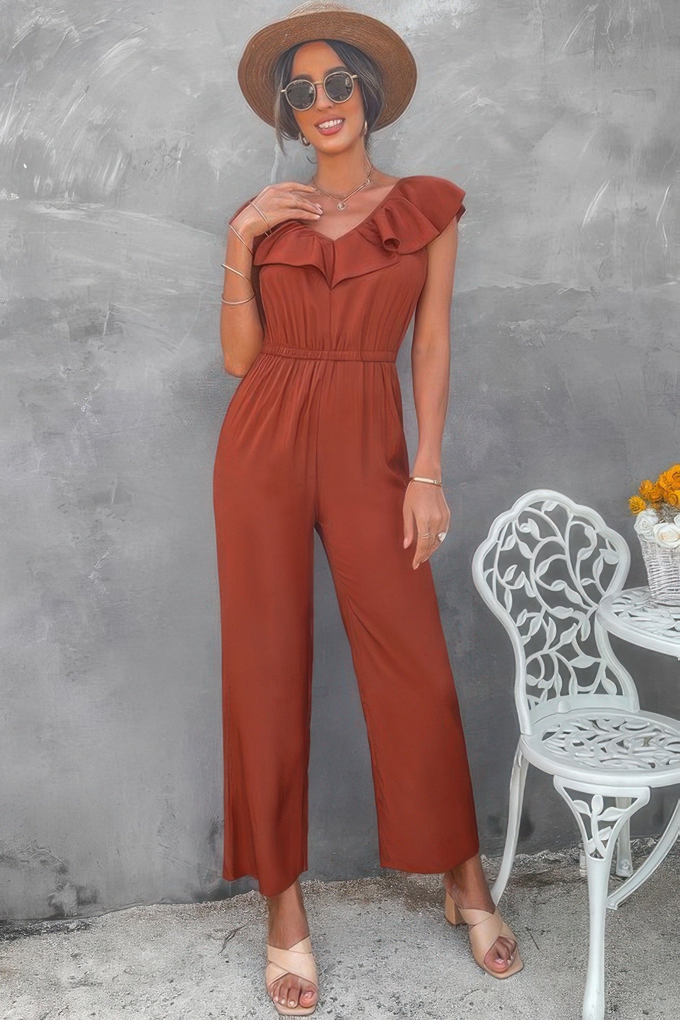 Solid Ruffle Trim V Neck Fit Jumpsuit - Flip Flop Dynasty