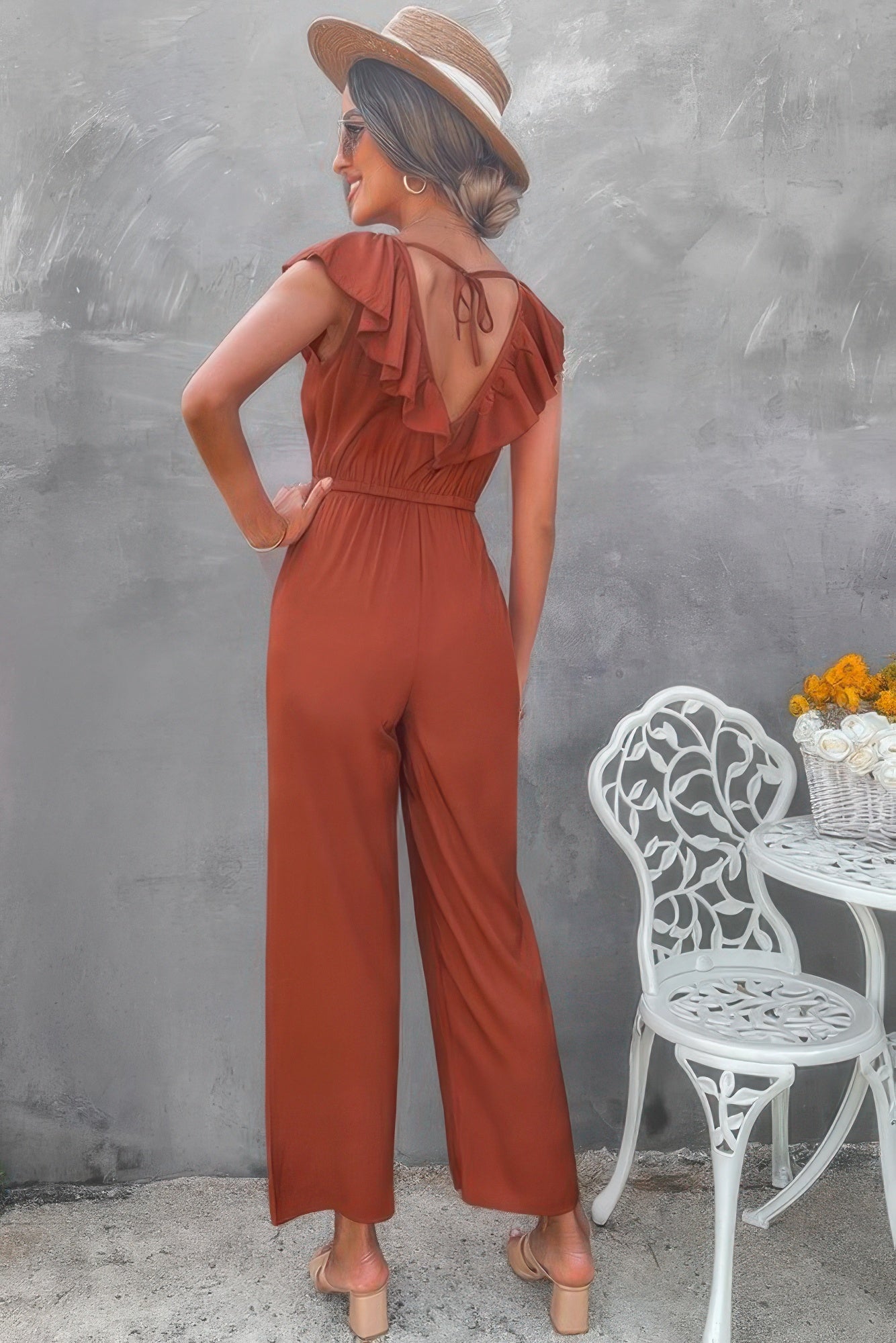 Solid Ruffle Trim V Neck Fit Jumpsuit - Flip Flop Dynasty
