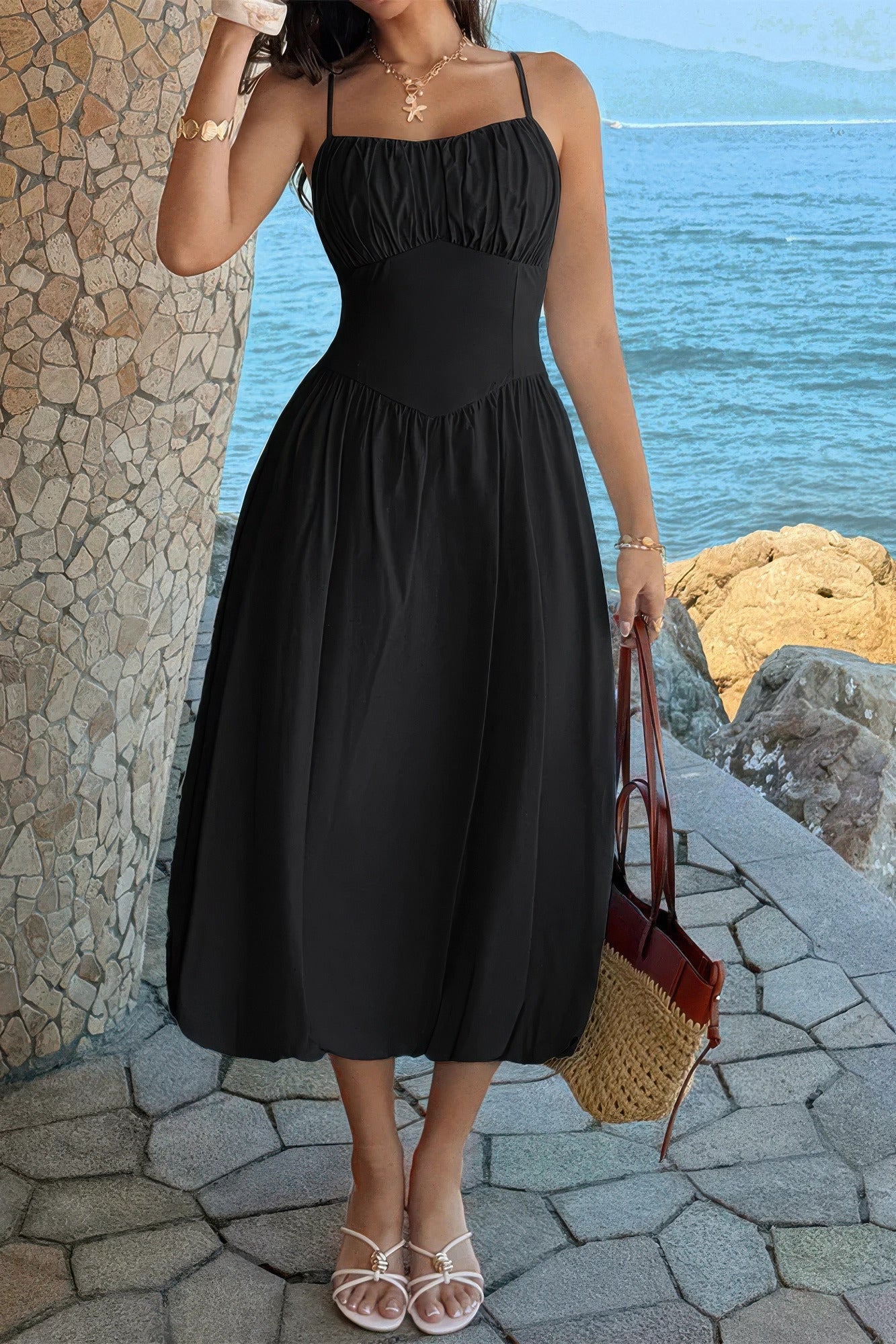 Solid Sleeveless Ruched Bust A Line Dress - Flip Flop Dynasty