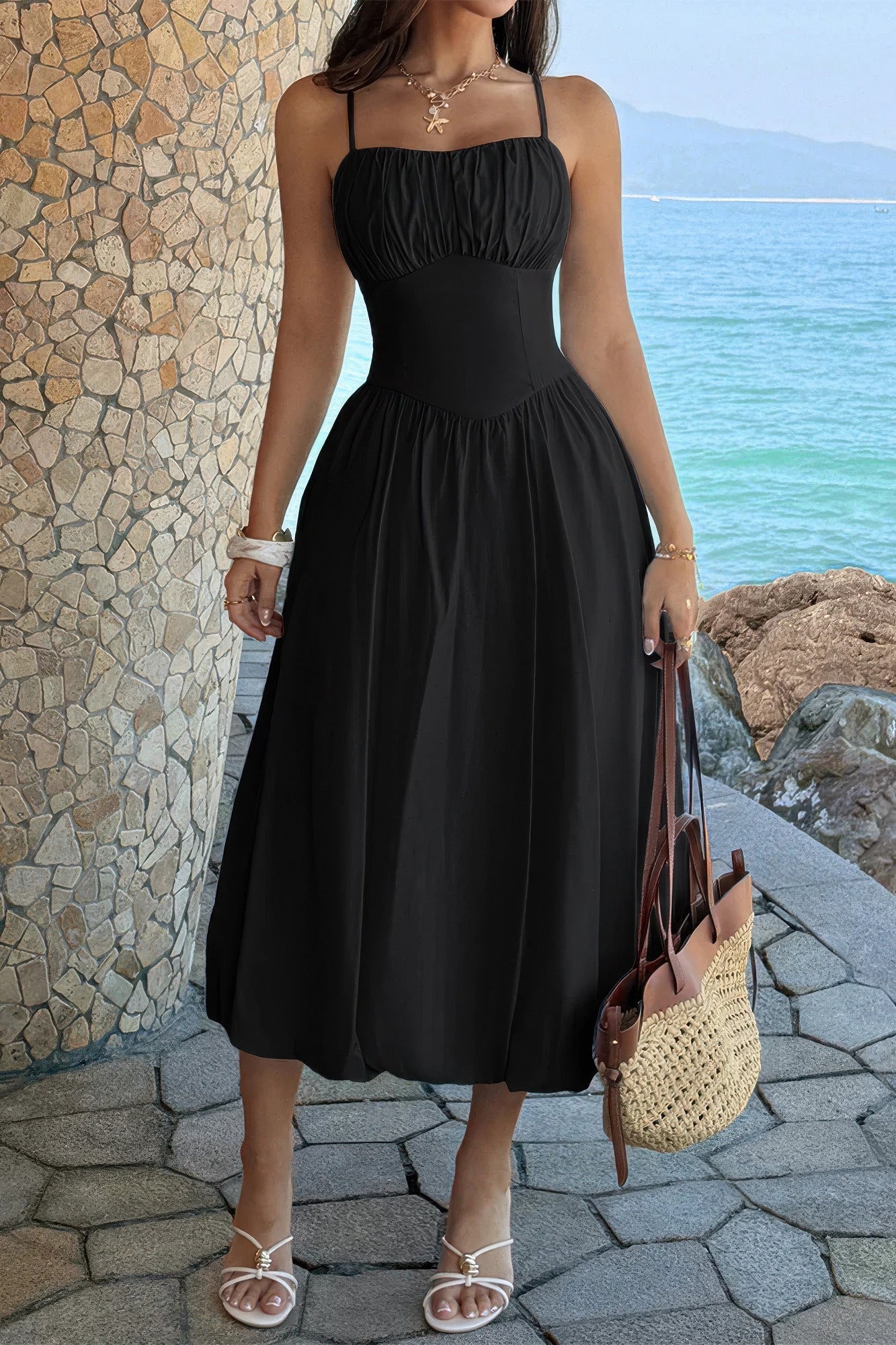 Solid Sleeveless Ruched Bust A Line Dress - Flip Flop Dynasty