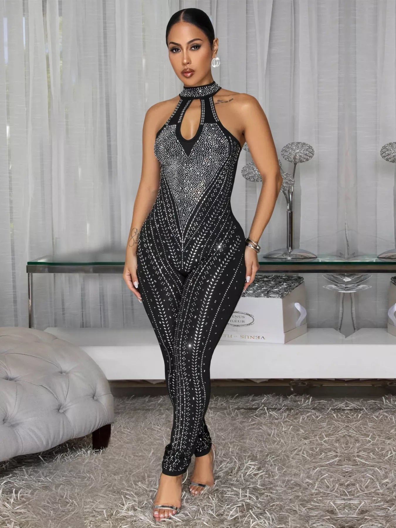 Sparkling Rhinestone Cutout Jumpsuit - Flip Flop Dynasty