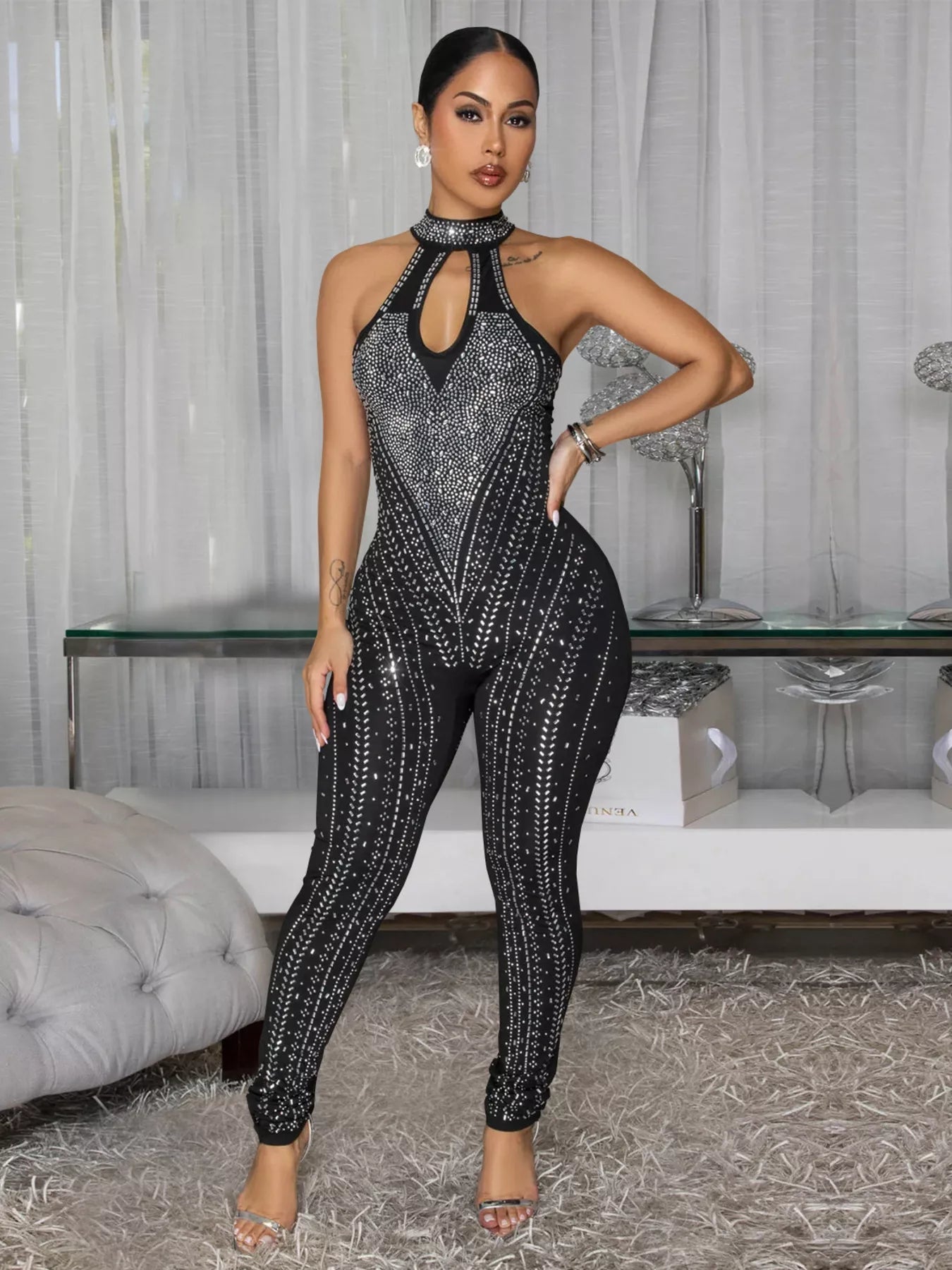 Sparkling Rhinestone Cutout Jumpsuit - Flip Flop Dynasty