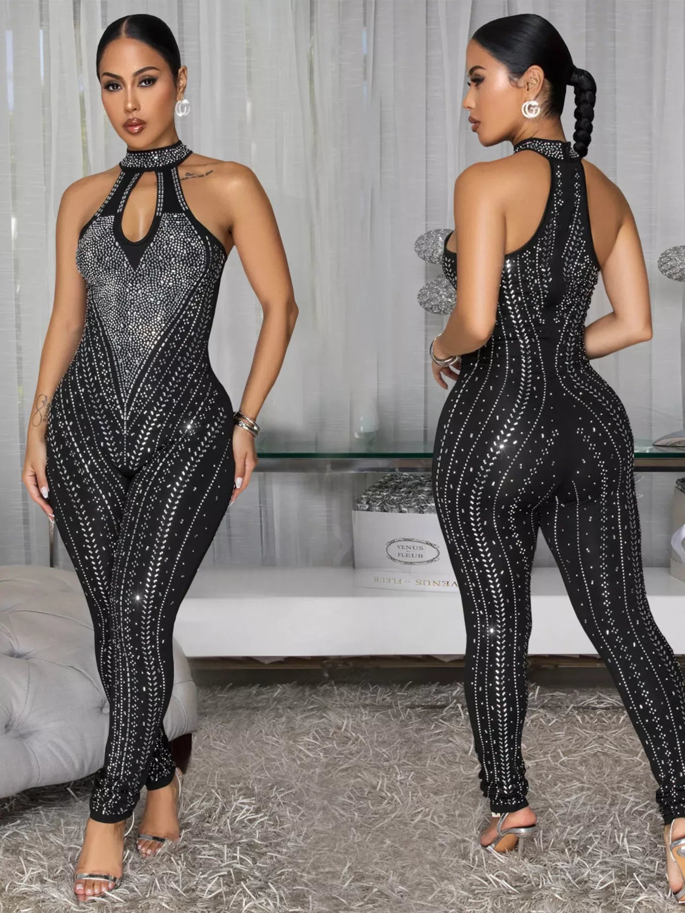 Sparkling Rhinestone Cutout Jumpsuit - Flip Flop Dynasty