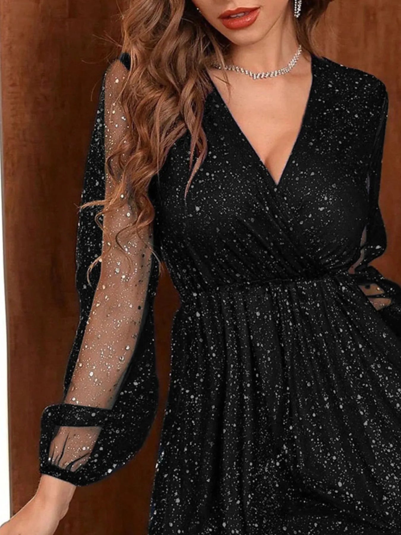 Sparkling Surplice Balloon Sleeve Mini Dress - Flip Flop Dynasty
