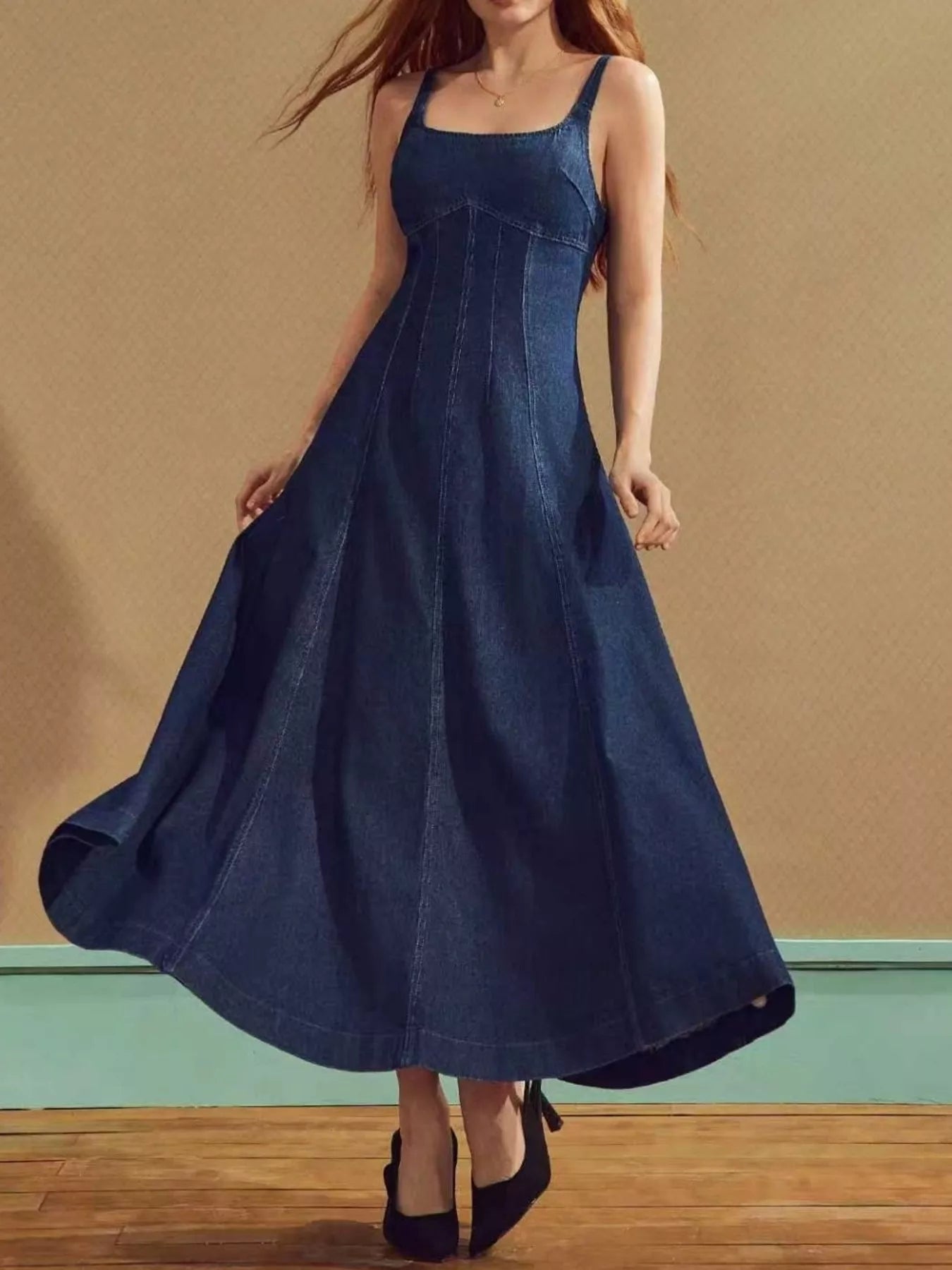 Square Neck A-Line Denim Dress - Flip Flop Dynasty