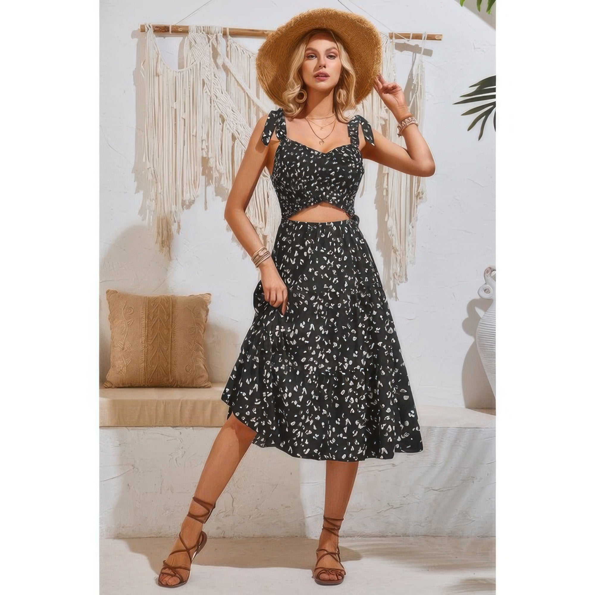 Square Neck Leopard Cut Out Elastic Waist Dress - Flip Flop Dynasty