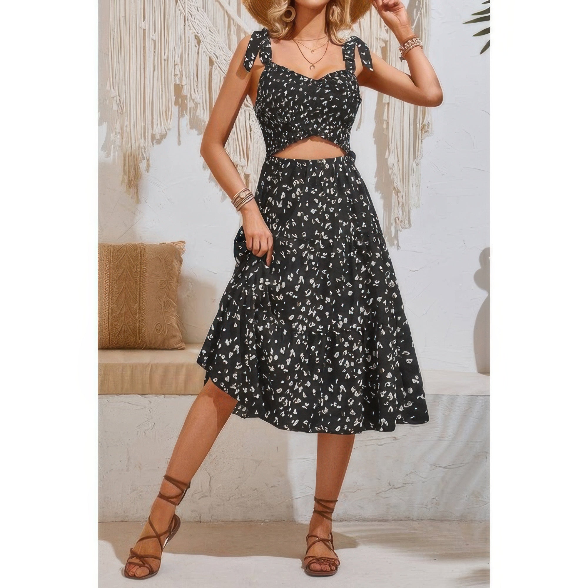 Square Neck Leopard Cut Out Elastic Waist Dress - Flip Flop Dynasty