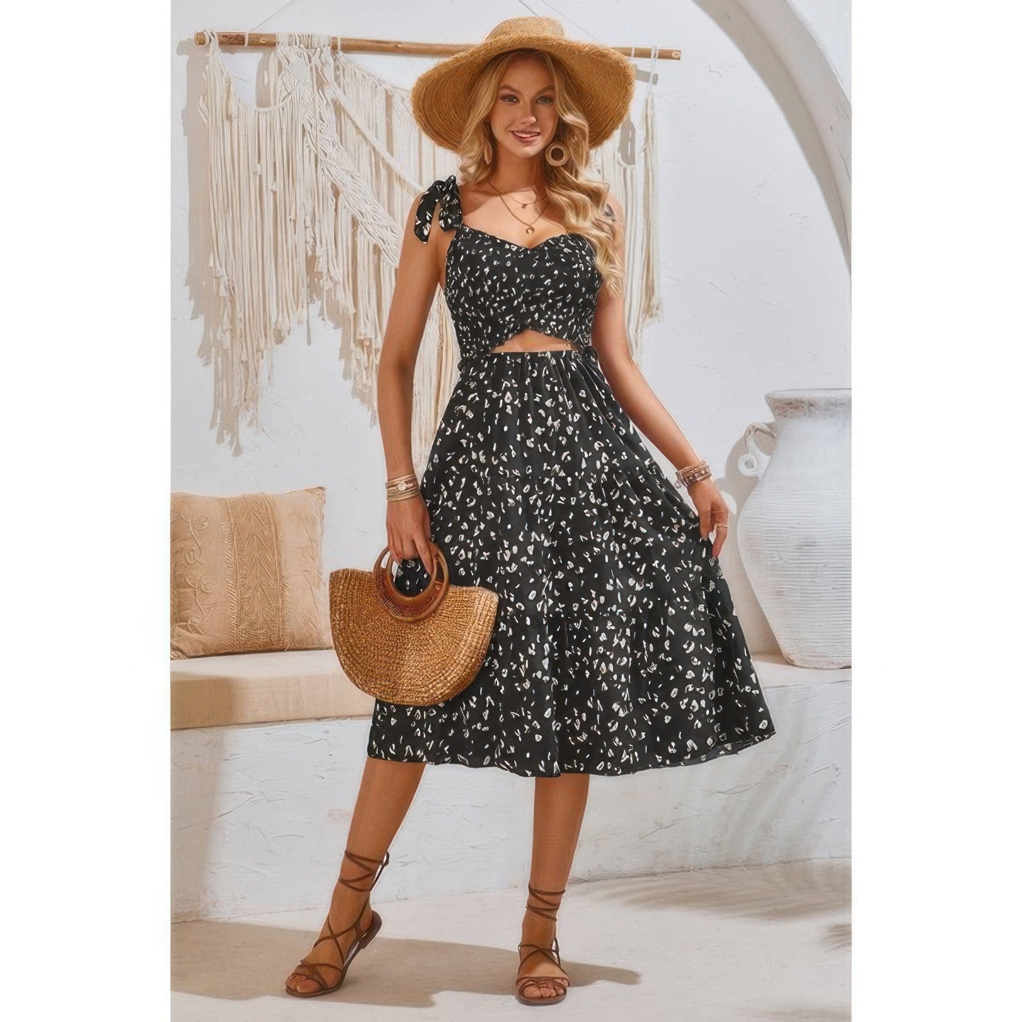Square Neck Leopard Cut Out Elastic Waist Dress - Flip Flop Dynasty
