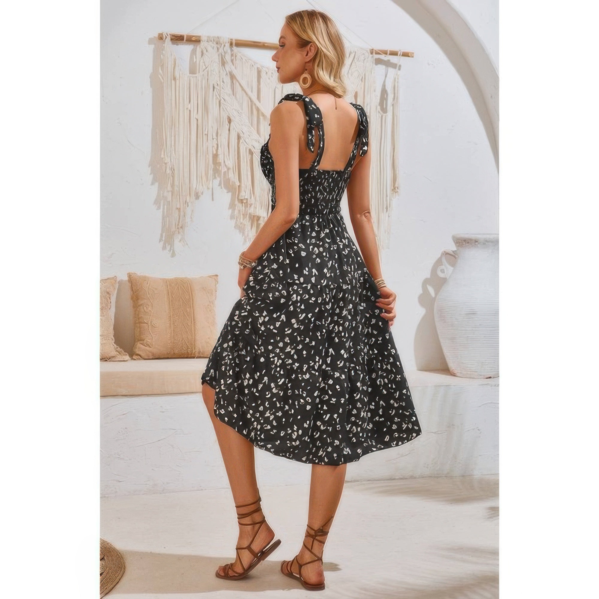 Square Neck Leopard Cut Out Elastic Waist Dress - Flip Flop Dynasty