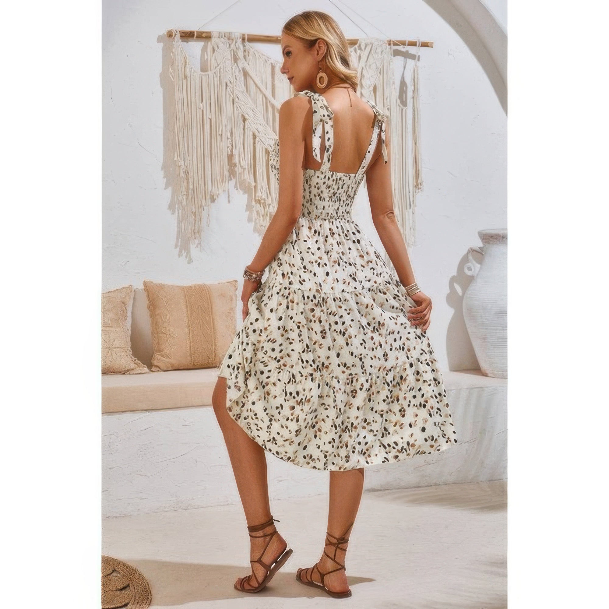 Square Neck Leopard Cut Out Elastic Waist Dress - Flip Flop Dynasty