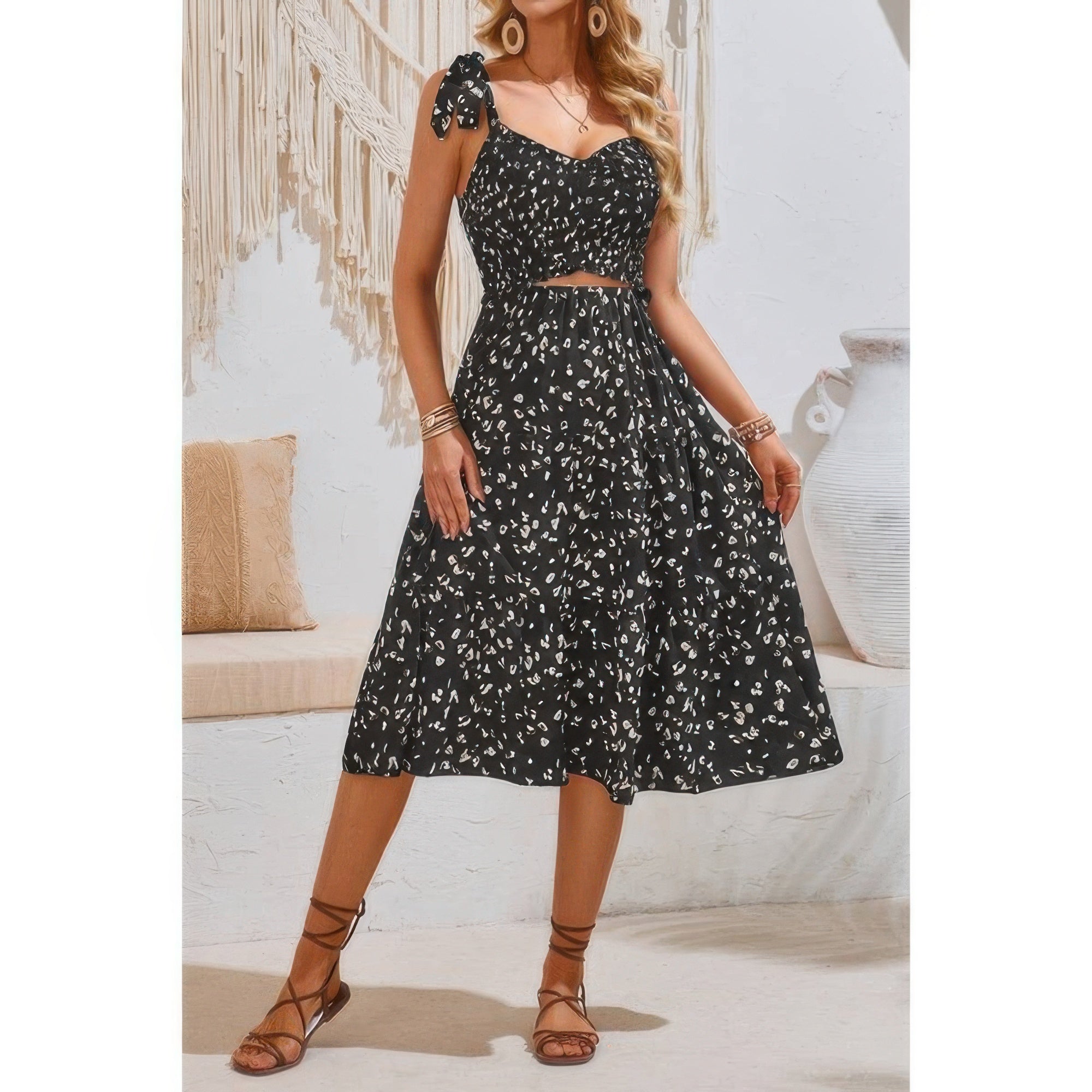 Square Neck Leopard Cut Out Elastic Waist Dress - Flip Flop Dynasty