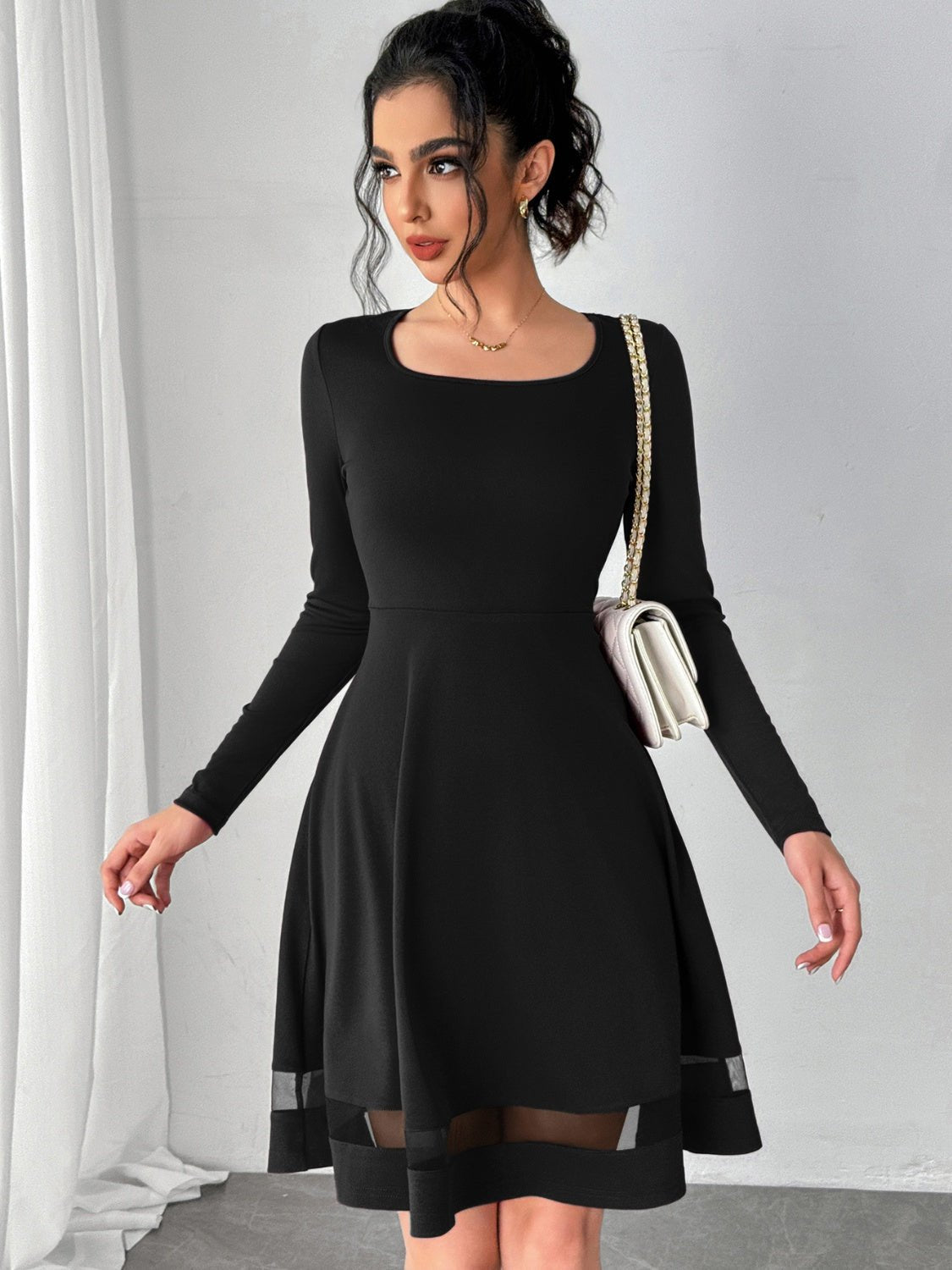 Square Neck Long Sleeve Mini Dress - Flip Flop Dynasty