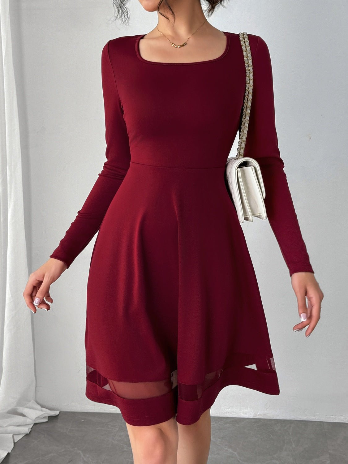 Square Neck Long Sleeve Mini Dress - Flip Flop Dynasty