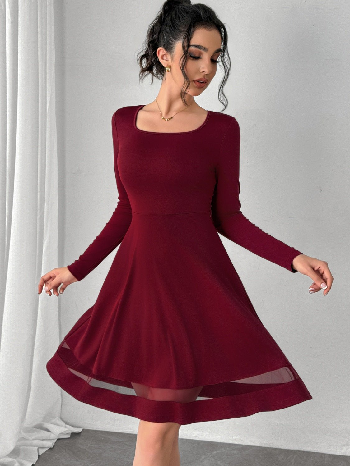 Square Neck Long Sleeve Mini Dress - Flip Flop Dynasty