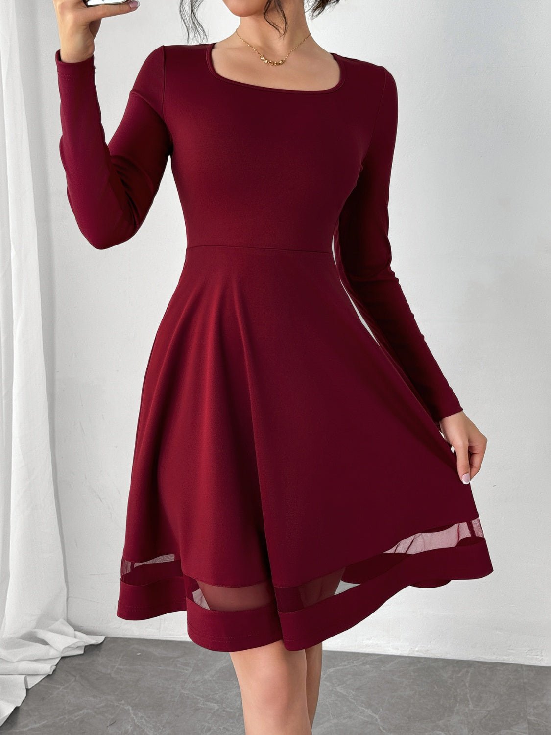 Square Neck Long Sleeve Mini Dress - Flip Flop Dynasty