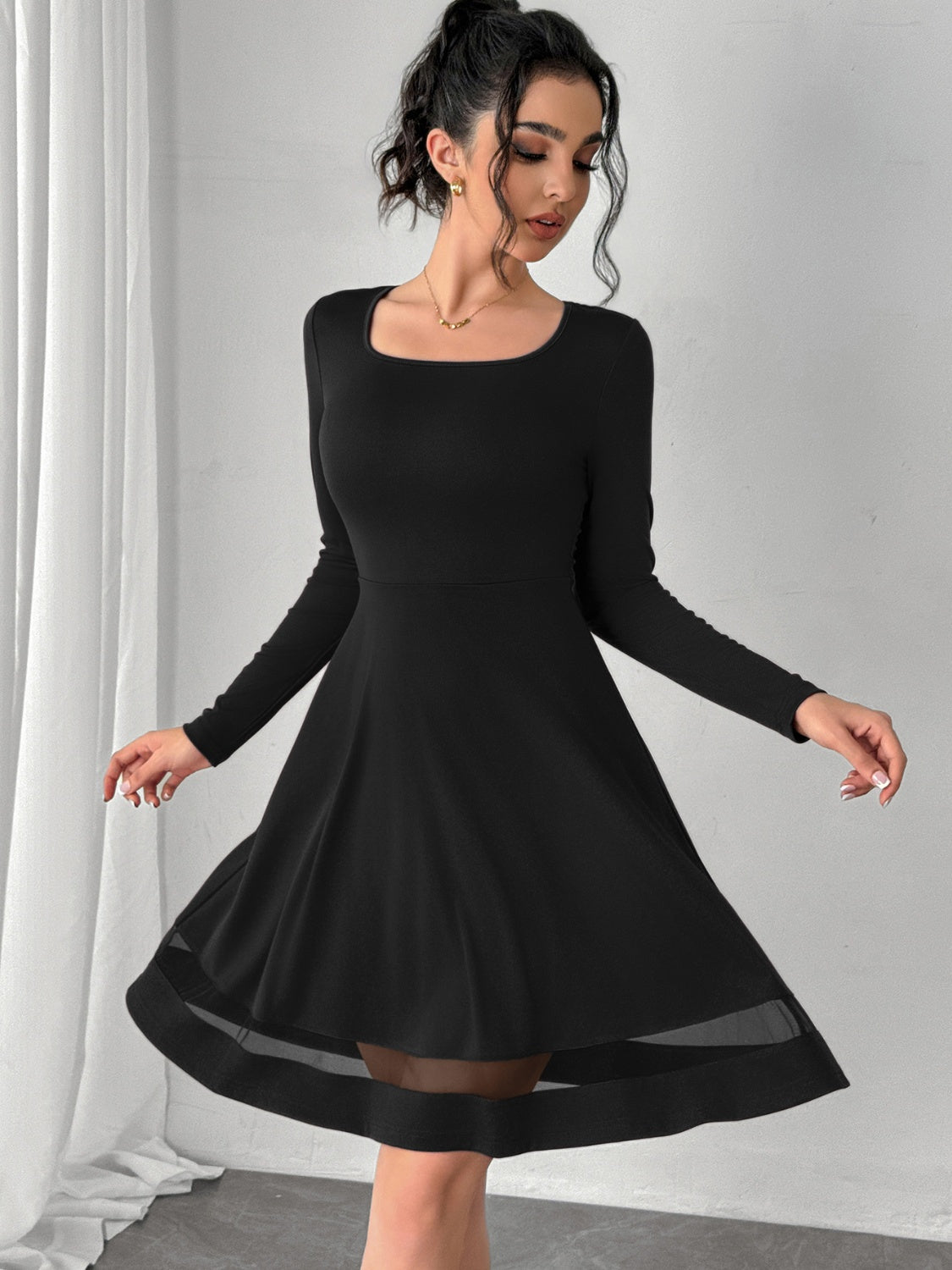 Square Neck Long Sleeve Mini Dress - Flip Flop Dynasty