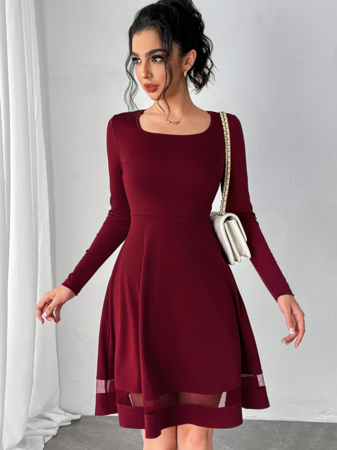 Square Neck Long Sleeve Mini Dress - Flip Flop Dynasty