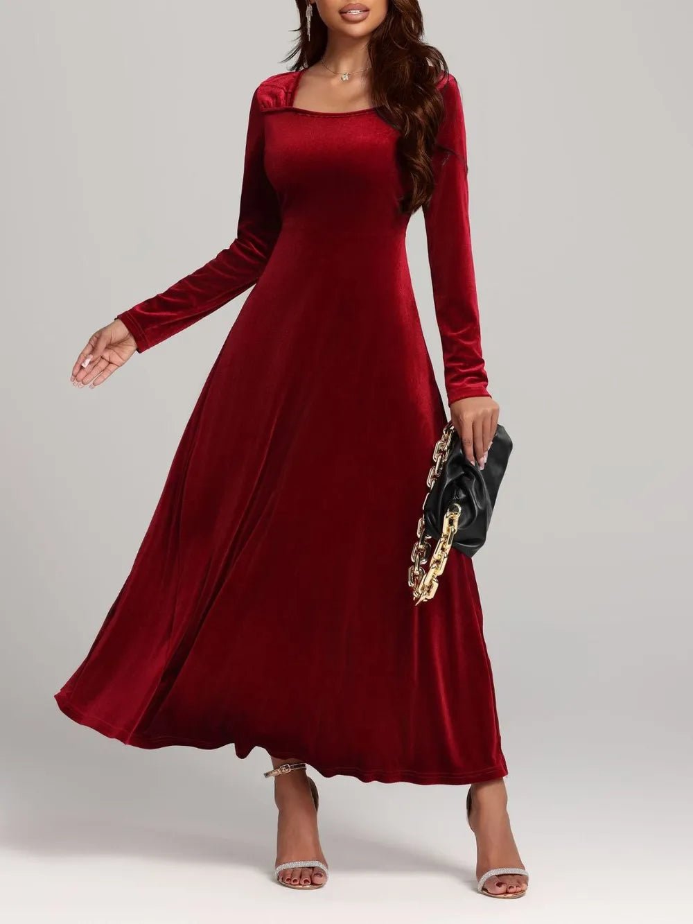 Square Neck Long Sleeve Velvet Dress - Flip Flop Dynasty