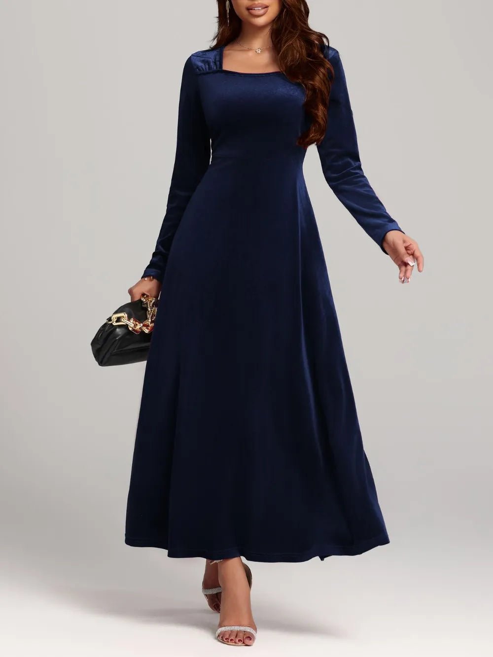 Square Neck Long Sleeve Velvet Dress - Flip Flop Dynasty