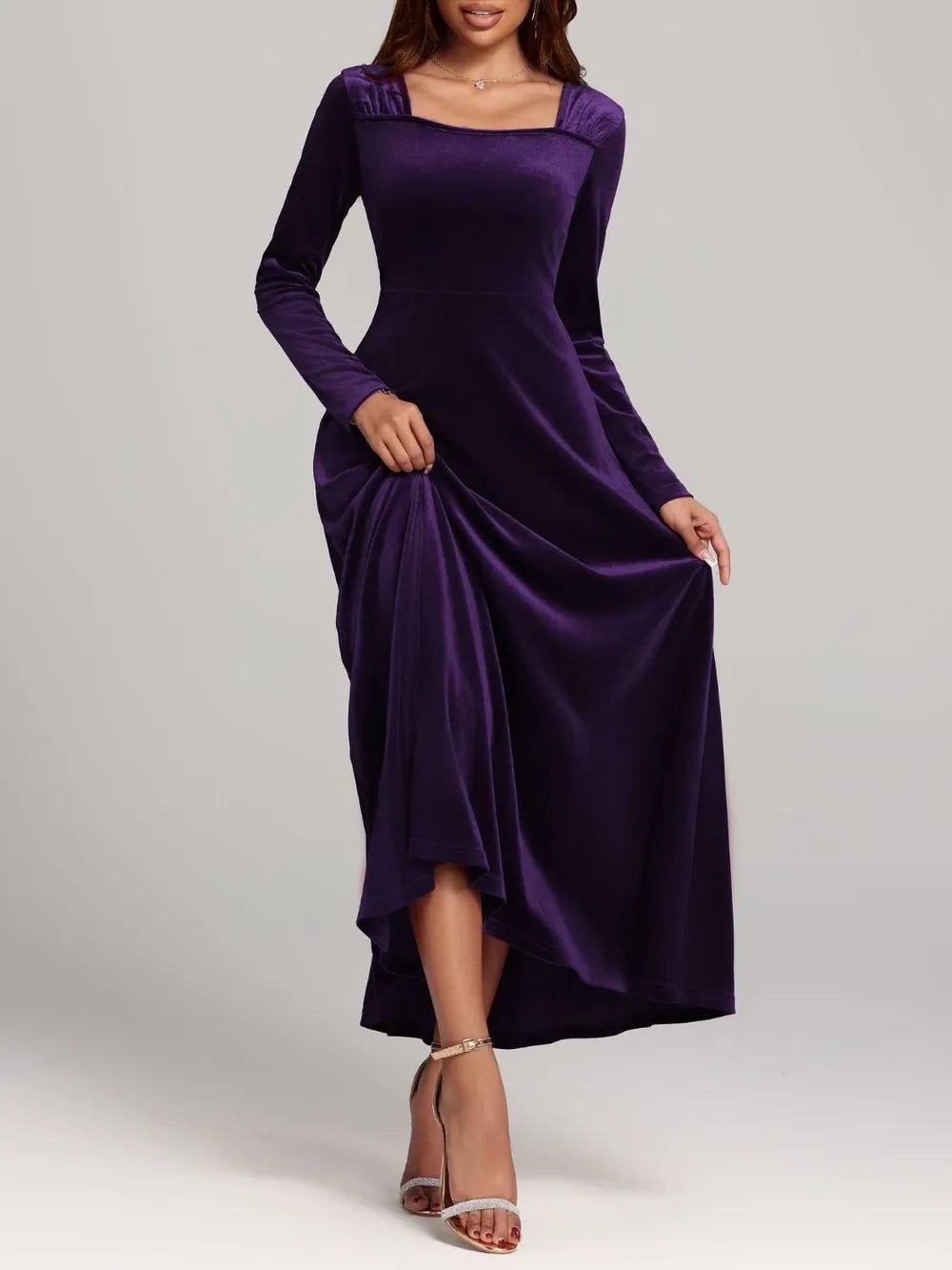 Square Neck Long Sleeve Velvet Dress - Flip Flop Dynasty