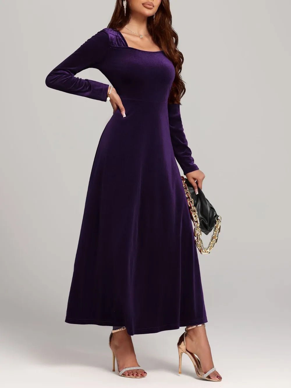 Square Neck Long Sleeve Velvet Dress - Flip Flop Dynasty