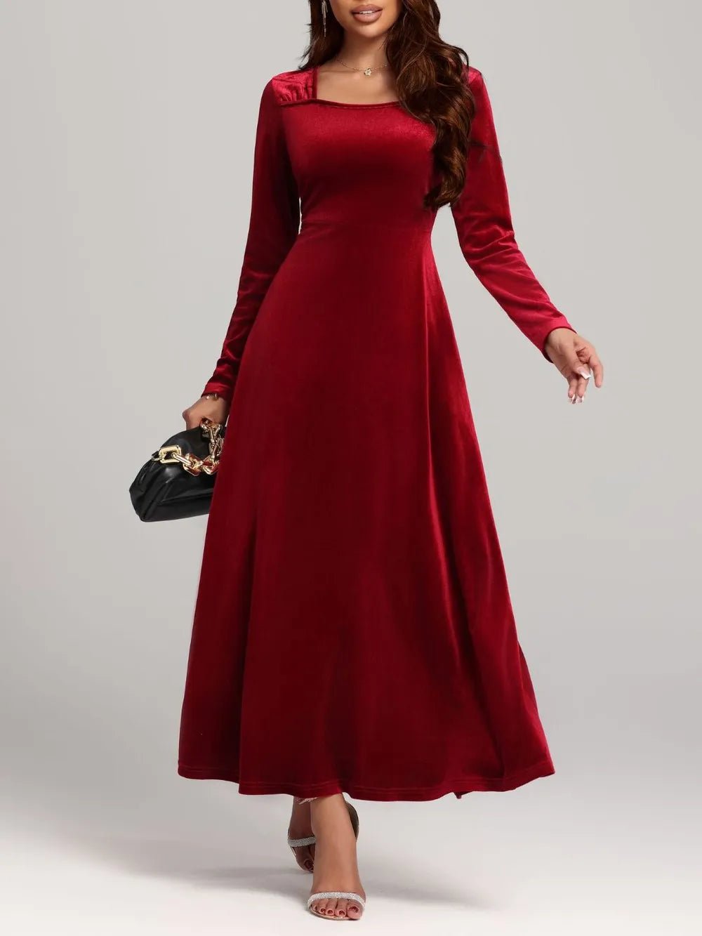 Square Neck Long Sleeve Velvet Dress - Flip Flop Dynasty