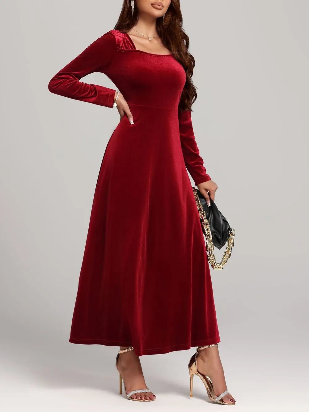 Square Neck Long Sleeve Velvet Dress - Flip Flop Dynasty