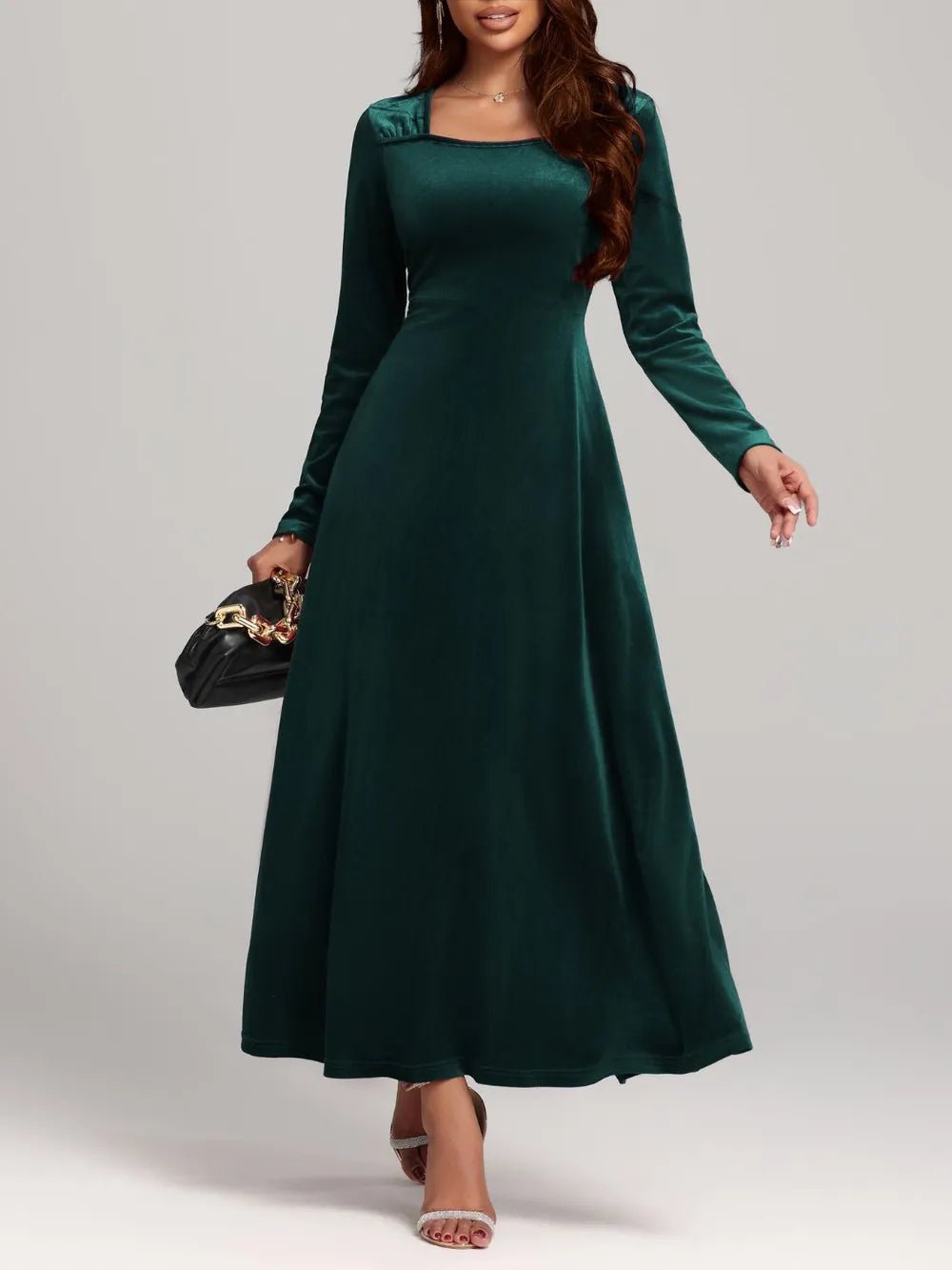 Square Neck Long Sleeve Velvet Dress - Flip Flop Dynasty