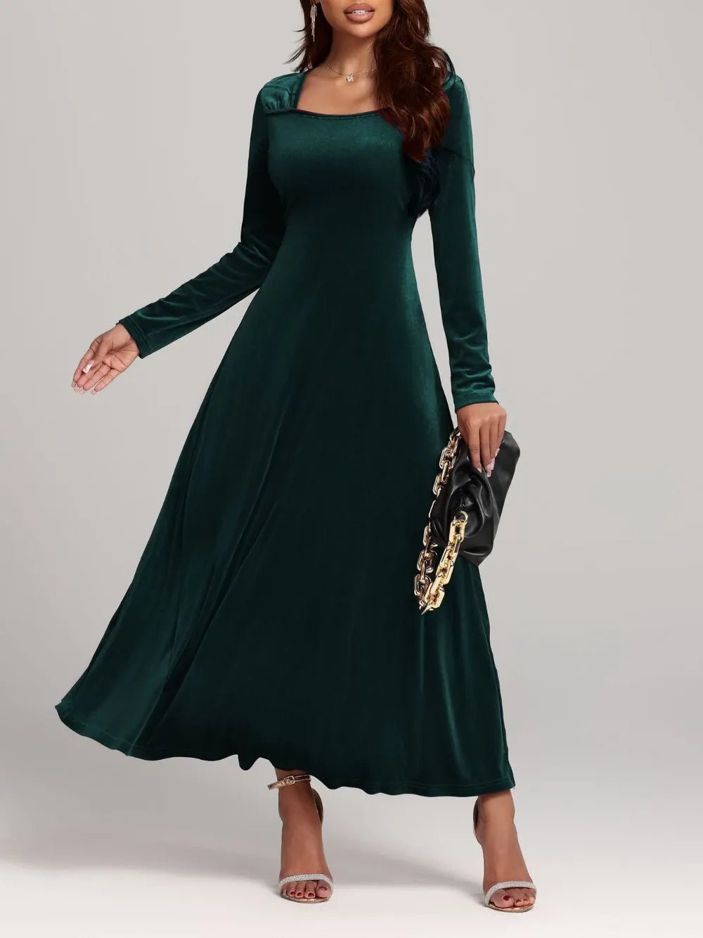 Square Neck Long Sleeve Velvet Dress - Flip Flop Dynasty