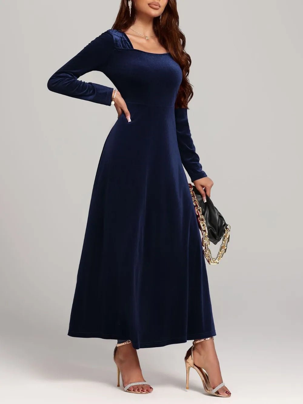 Square Neck Long Sleeve Velvet Dress - Flip Flop Dynasty
