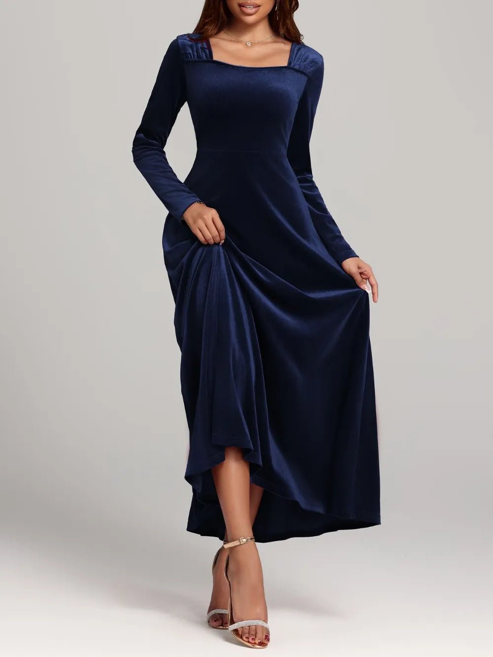 Square Neck Long Sleeve Velvet Dress - Flip Flop Dynasty