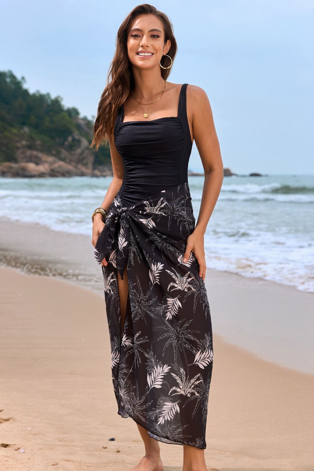 Square Neck Printed One - Piece Swimwear and Cover Up Swim Set - Flip Flop Dynasty
