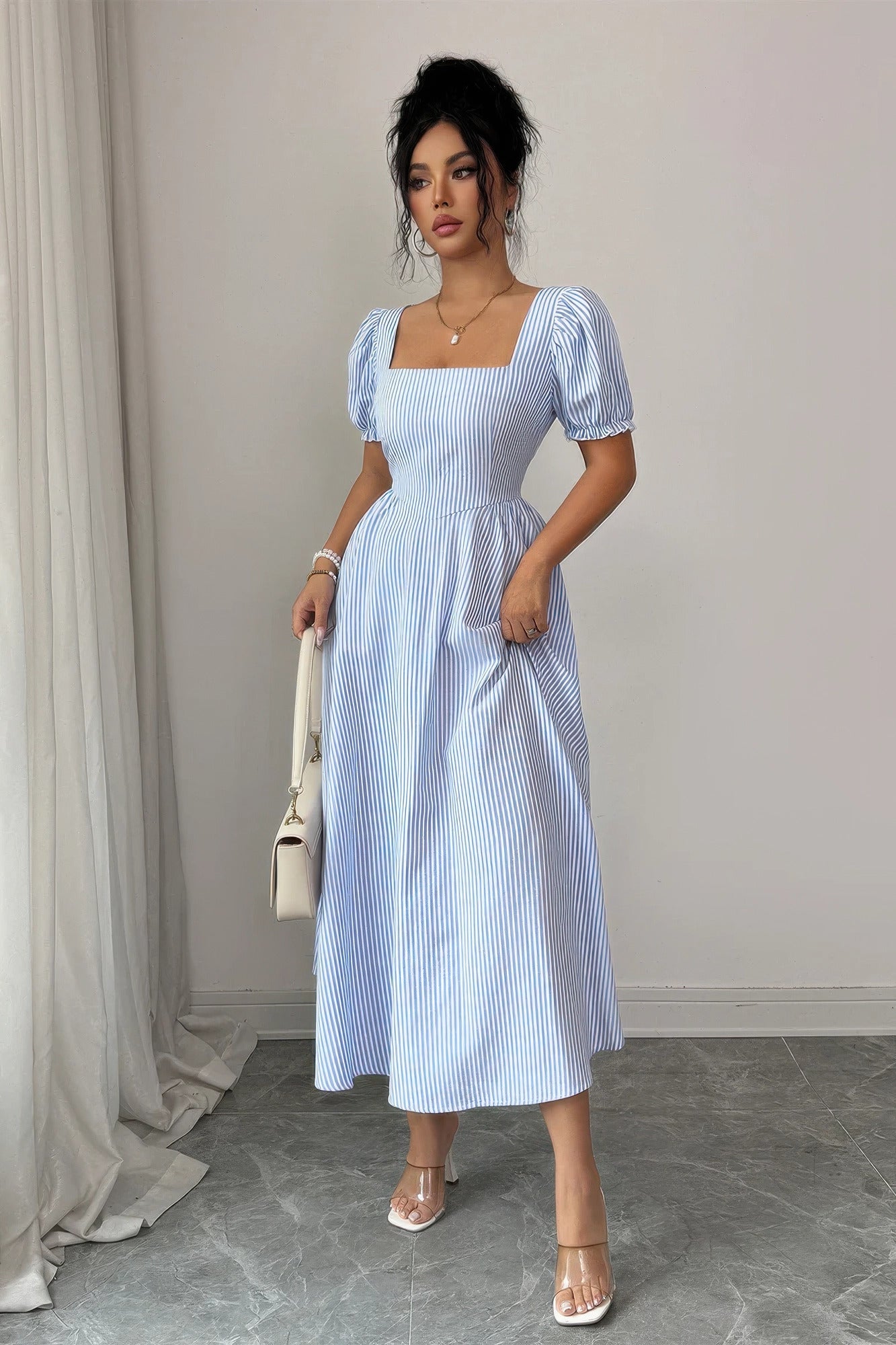 Square Neck Puff Sleeve Backless Bow Tied Striped Flowy Dress - Flip Flop Dynasty