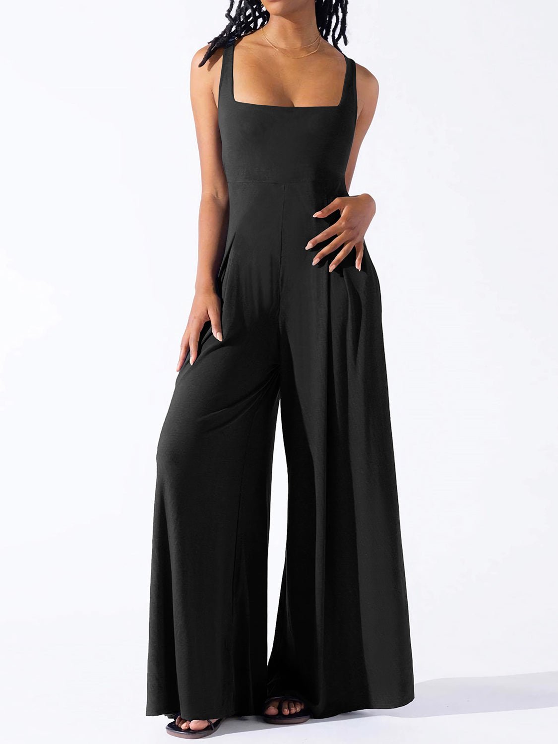 Square Neck Wide Strap Jumpsuit - Flip Flop Dynasty