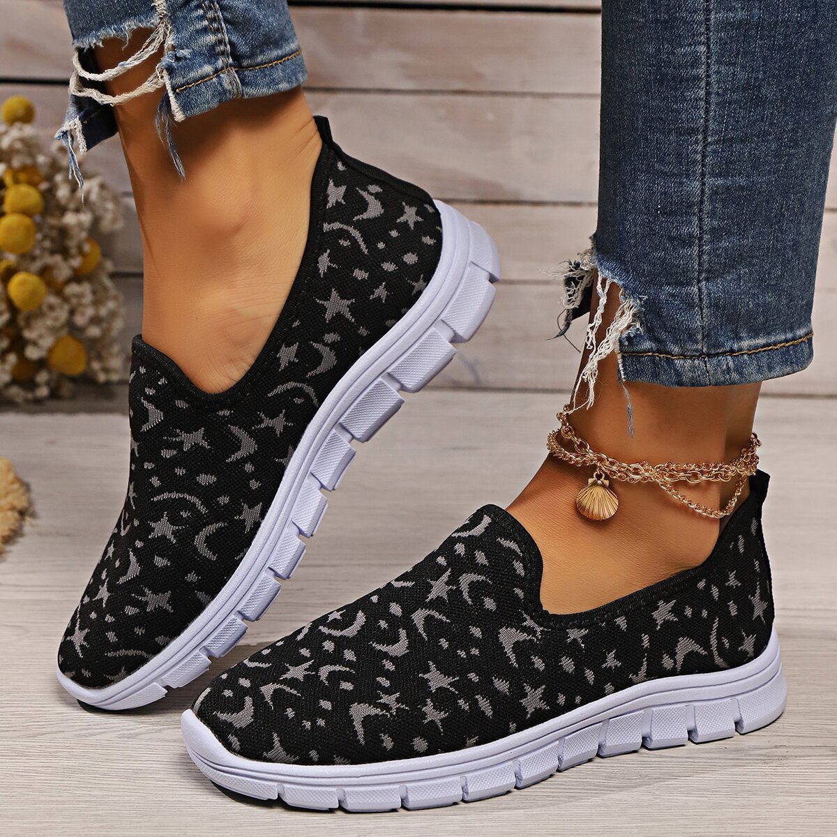 Star & Moon Pattern Flat Loafers - Flip Flop Dynasty