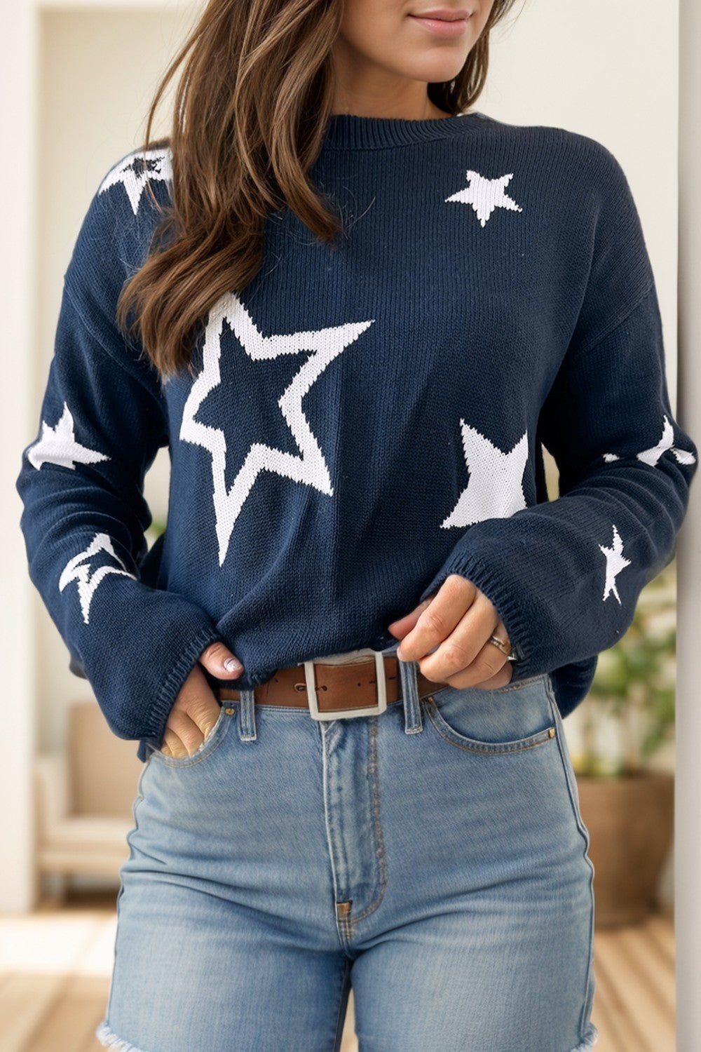 Star Round Neck Long Sleeve Sweater - Flip Flop Dynasty