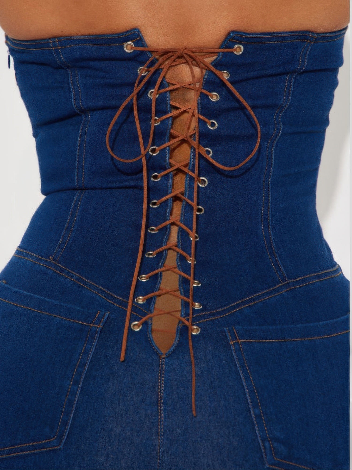 Strapless Denim Jumpsuit With Lace Up Back - Flip Flop Dynasty