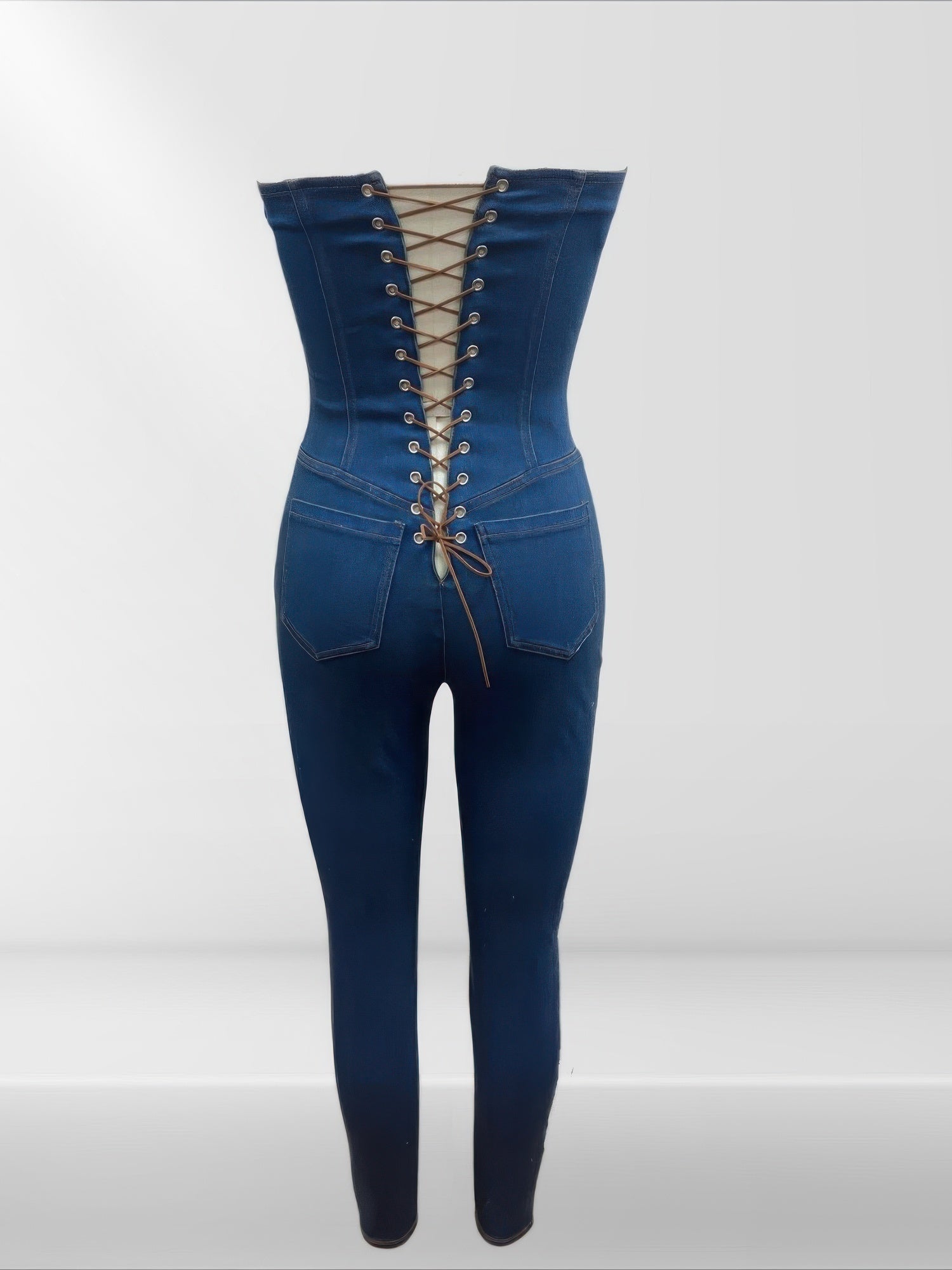 Strapless Denim Jumpsuit With Lace Up Back - Flip Flop Dynasty