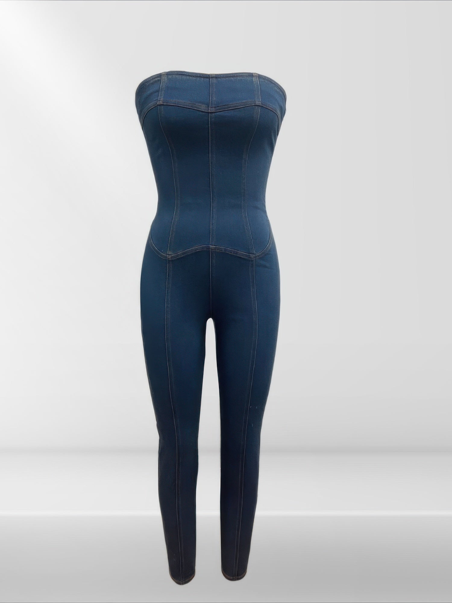 Strapless Denim Jumpsuit With Lace Up Back - Flip Flop Dynasty